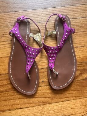 Lauren Ralph Lauren Magenta Suede Studded Thong Sandals Flats Size 10B Chic